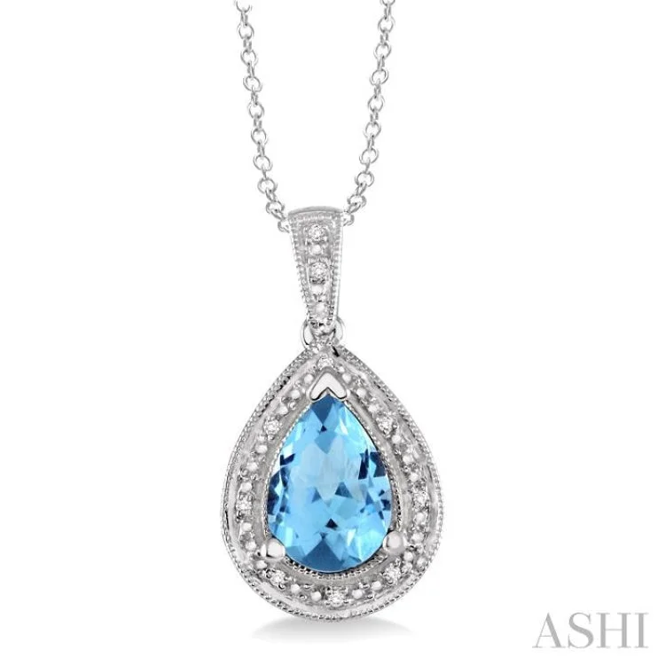 Women’s zodiac necklace-10x7 MM Pear Shape Blue Topaz and 1/20 Ctw Single Cut Diamond Pendant in Sterling Silver with chain