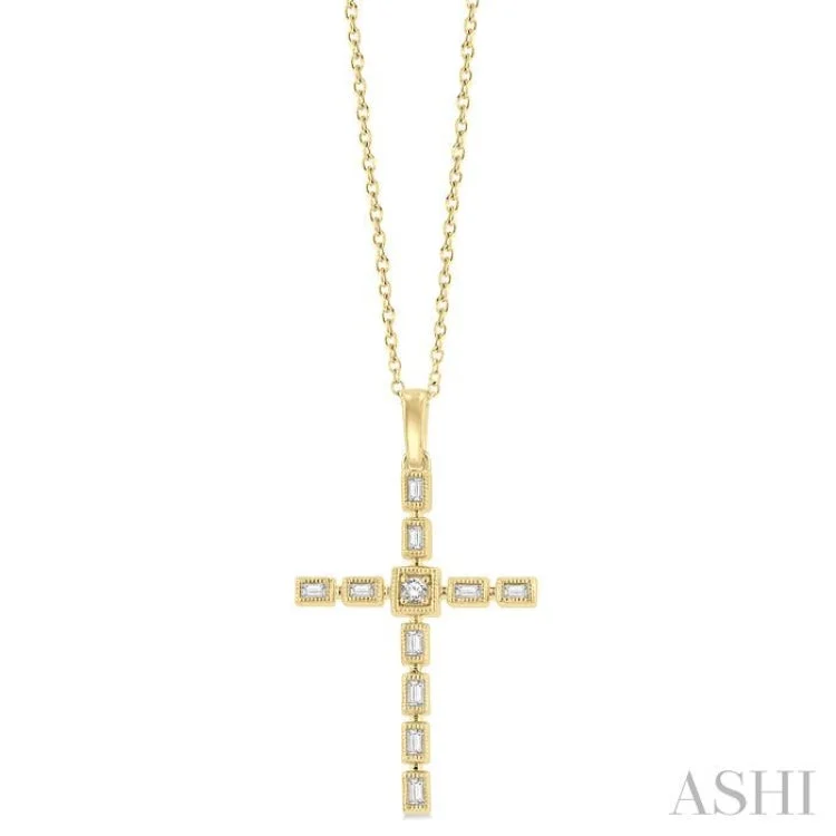 Women’s statement necklace-1/5 Ctw Baguette and Round Cut Diamond Cross Pendant With Chain in 10K Yellow Gold