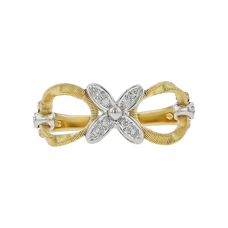 Women’s platinum three-stone engagement ring-18K Yellow and White Gold Ring with Diamond Flower