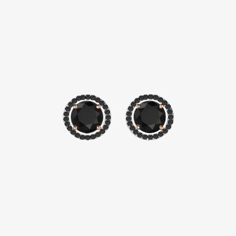 Women’s heart-shaped earrings-Black Diamonds. Halo Gold Stud Earrings