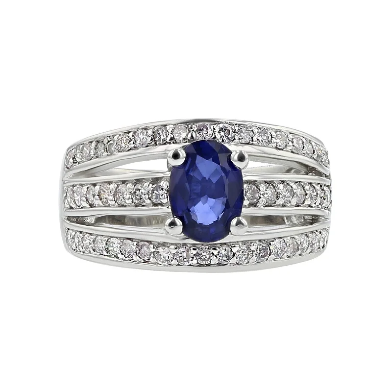 Women’s bridal solitaire engagement ring-14K Gold Oval Sapphire and Diamond 3-Row Ring