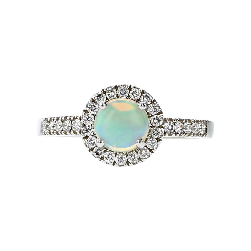 Women’s halo engagement ring with diamonds-14K White Gold Australian Opal and Diamond Halo Ring