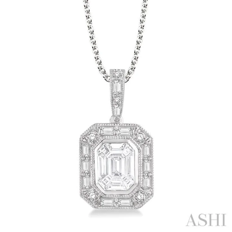 Women’s moonstone necklace-1/2 Ctw Emerald, Baguette & Round Cut Fusion Diamond Pendant in 14K White Gold