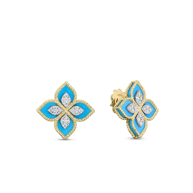 Women’s fashionable earrings-Venetian Princess Diamond and Stabilized Turquoise Earrings in 18K Yellow Gold