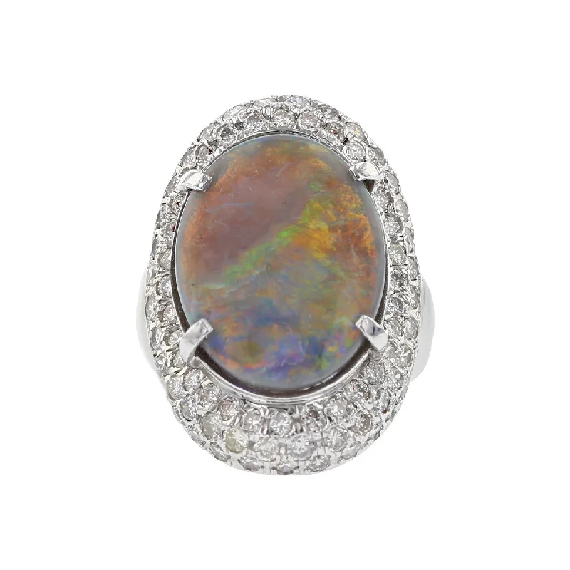 Women’s vintage round diamond engagement ring-18K White Gold Opal and Pave Diamond Halo Ring