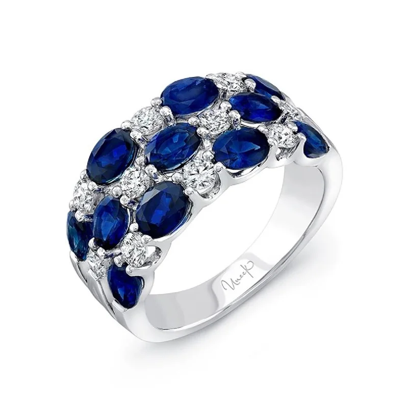 Women’s vintage wedding engagement ring-3-Row Oval Sapphire and Round Diamond Band