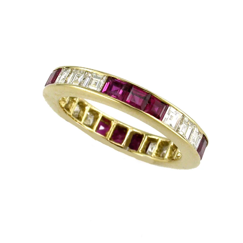 Women’s platinum and diamond engagement ring-18K Yellow Gold Square Ruby and Diamond Band