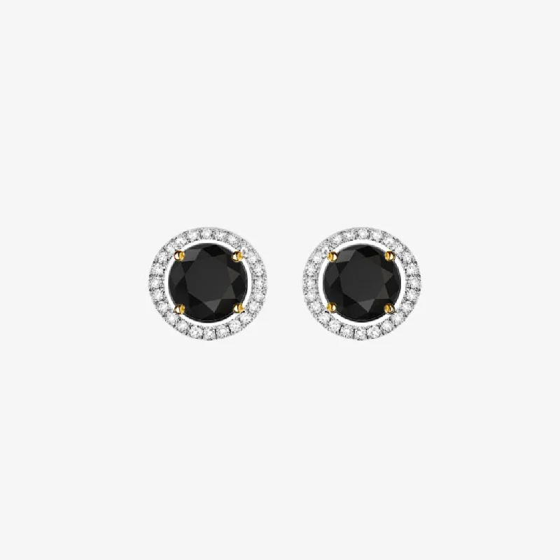 Women’s stud earrings with diamonds-Black and White Diamonds. Halo Gold Stud Earrings