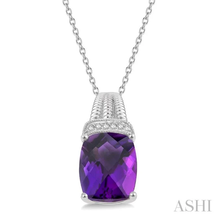 Women’s crystal charm necklace-1/50 Ctw Looped Round Cut Diamond & 10x8MM Cushion Cut Amethyst Semi Precious Pendant With Chain in Sterling Silver