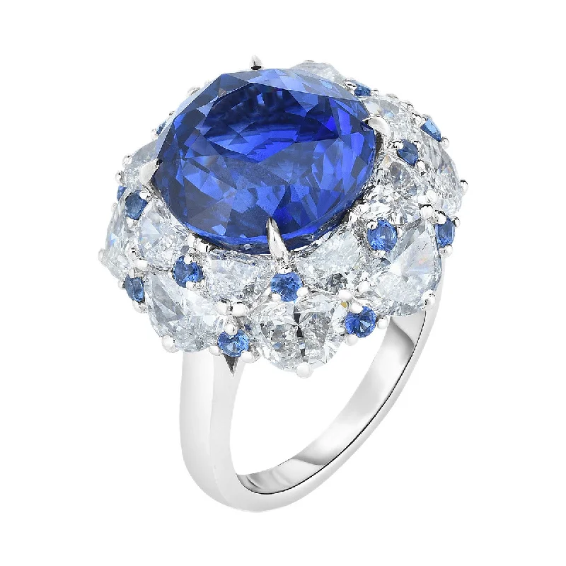 Women’s wedding ring set with engagement ring-Blue Sapphire and Half Moon Diamonds Ring