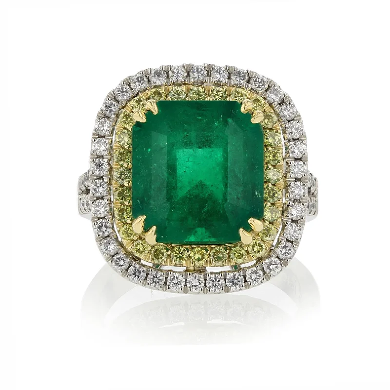 Women’s custom-cut solitaire engagement ring-Colombian Emerald and Diamond Double Halo Ring