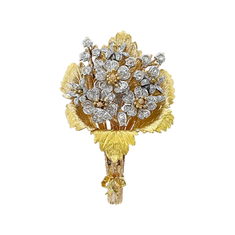 Women’s affordable engagement ring-Art Nouveau Diamond Flower Pin in Platinum, 18K Rose and Yellow Gold