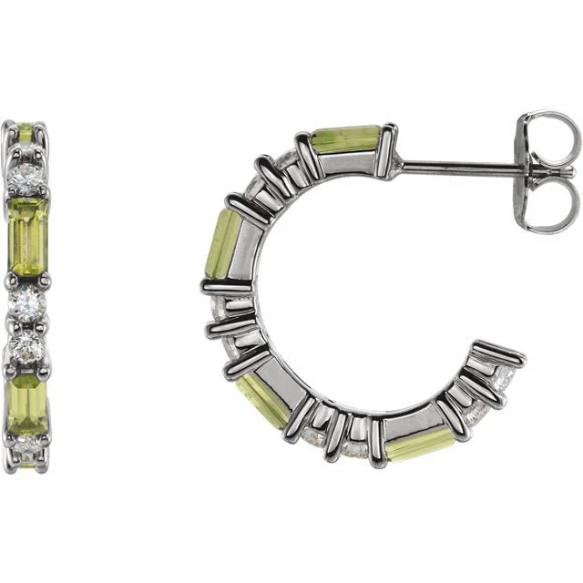 Women’s stud earrings with diamonds-14KT GOLD PERIDOT & DIAMOND J HOOP EARRINGS