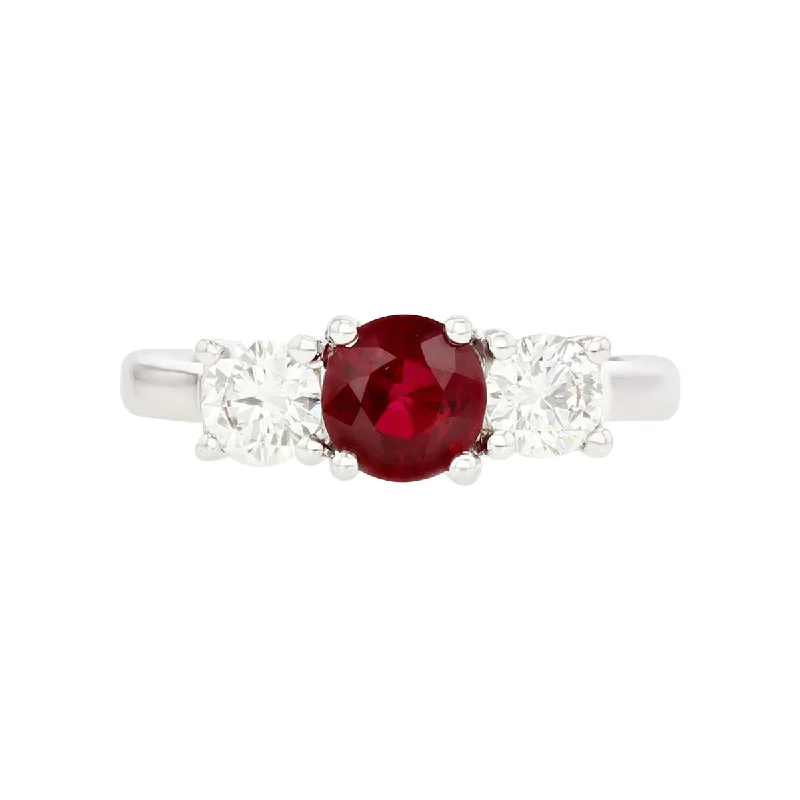 Women’s matching engagement ring and wedding band-Burma Ruby and Brilliant Diamond 3-Stone Ring