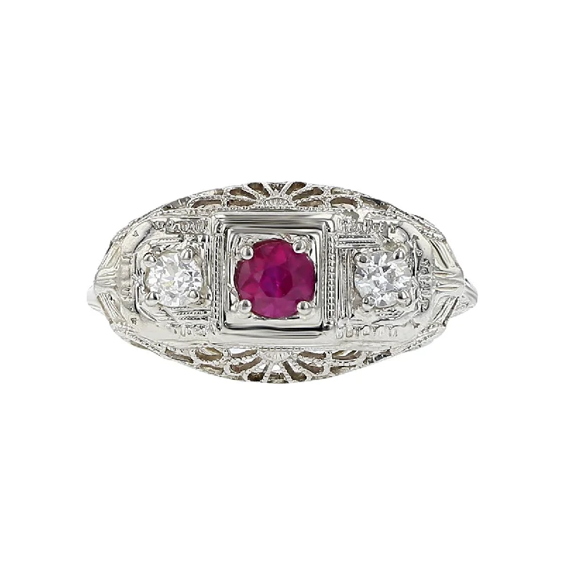 Women’s sapphire engagement ring-Art Deco 18K Gold Ruby and Diamond 3-Stone Ring