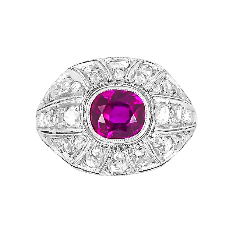 Women’s cushion-cut engagement ring set-Art Deco Platinum Ruby and Diamond Halo Ring