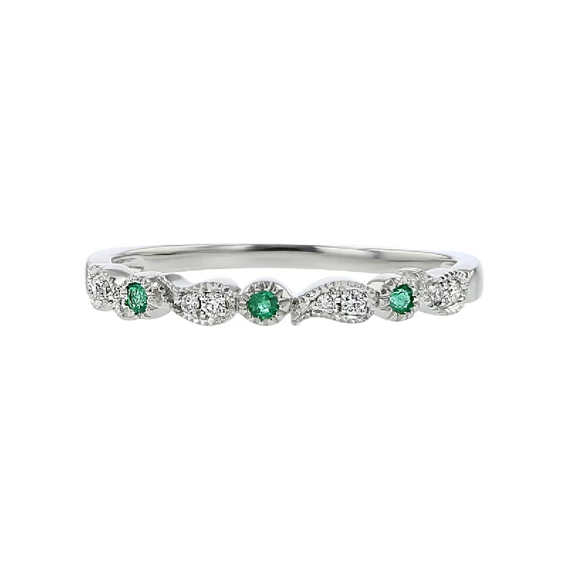 Women’s unique three-stone engagement ring-14K White Gold Diamond and Emerald Stackable Band