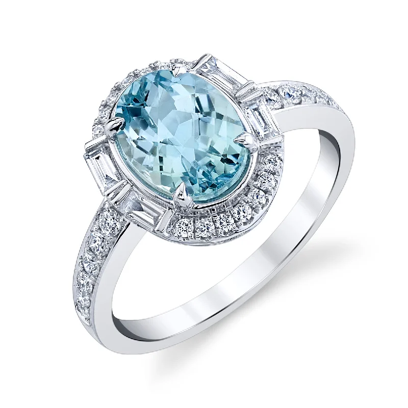 Women’s square engagement ring-Aquamarine 14k White Gold Ring with Diamonds