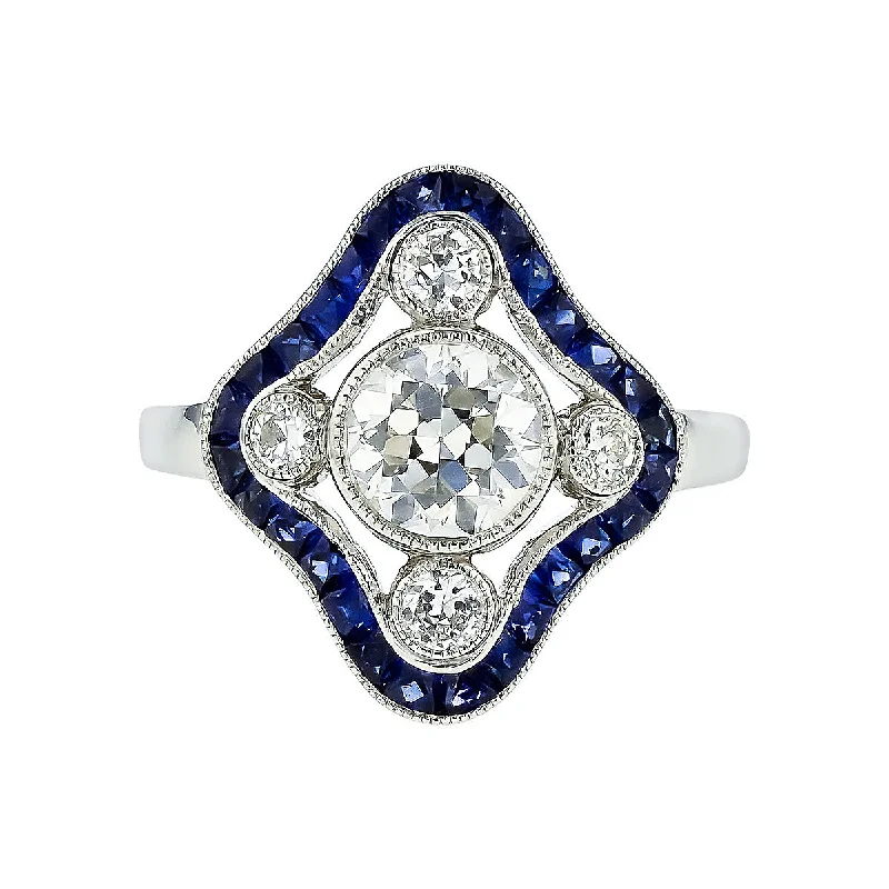 Women’s princess-cut engagement ring-European-Cut Diamond and Sapphire Platinum Ring