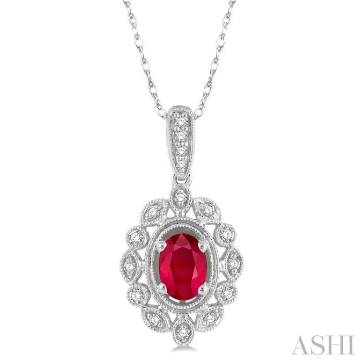 Women’s pearl necklace-1/8 Ctw Lattice Round Cut Diamond & 6x4MM Oval Cut Ruby Precious Pendant With Chain in 10K White Gold