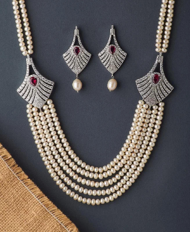 Women’s infinity necklace-Vintage Stone Studded Pearl Necklace Set