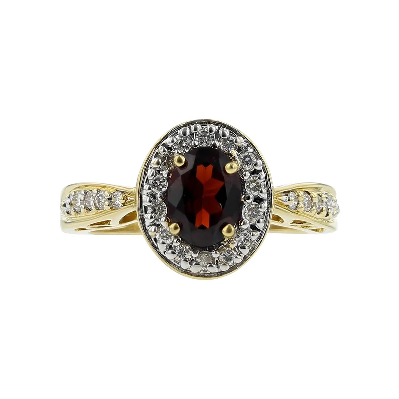 Women’s cushion-cut halo engagement ring-18K Yellow Gold Garnet and Diamond Halo Ring