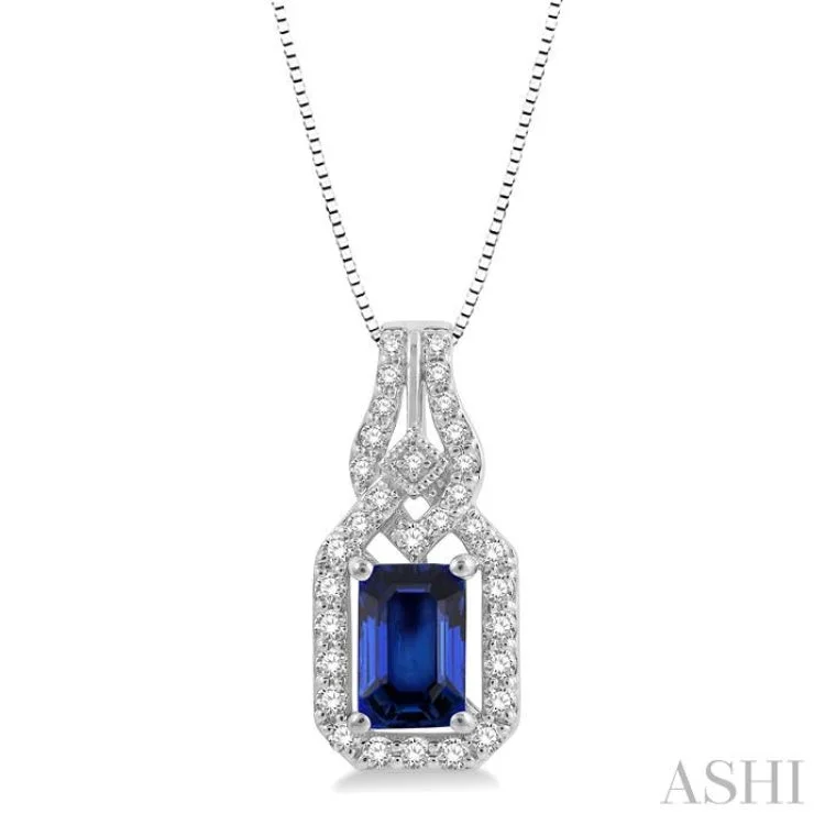 Women’s adjustable gold necklace-1/5 Ctw Interlocking Round Cut Diamond & 6x4MM Emerald Cut Sapphire Precious Pendant With Chain in 14K White Gold