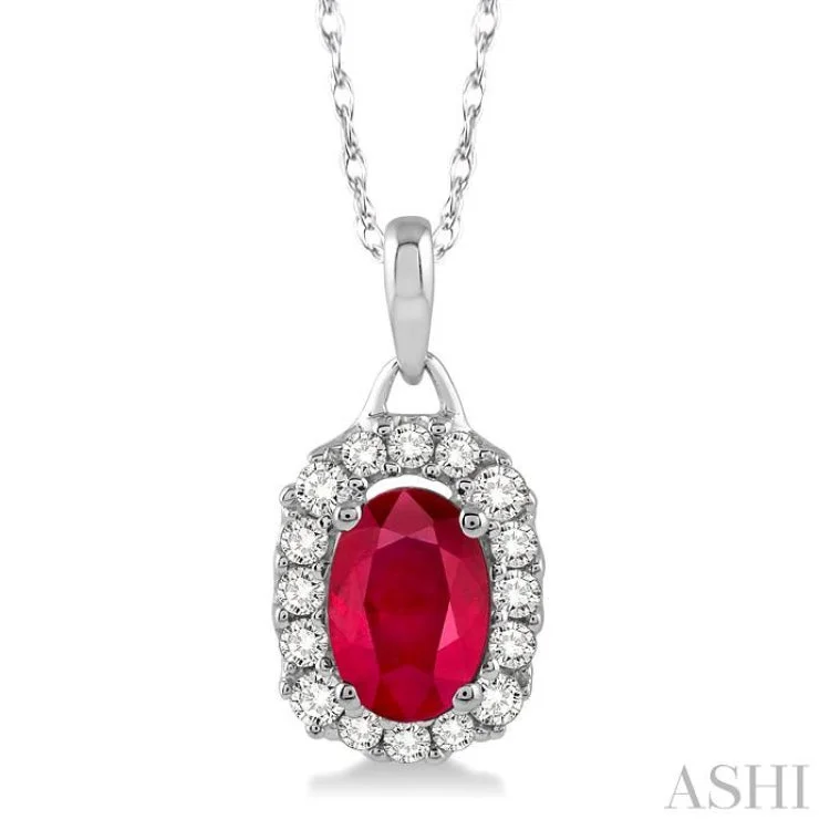 Women’s pearl necklace-6x4 MM Oval Cut Ruby and 1/6 Ctw Round Cut Diamond Pendant in 14K White Gold with Chain