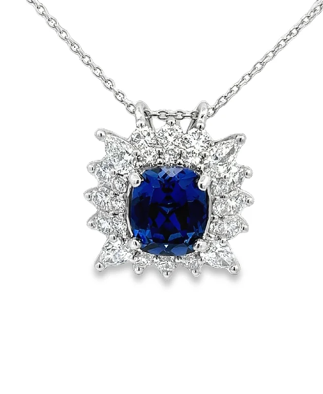 Women’s infinity pendant necklace-LAB GROWN CUSHION SAPPHIRE, PEAR & ROUND DIAMONDS 6.07ctw CUSTOM PENDANT