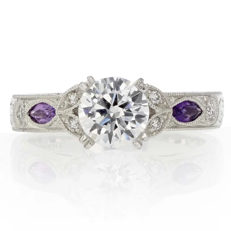 Women’s sapphire engagement ring-Floral Diamond and Marquise Amethyst Ring Setting