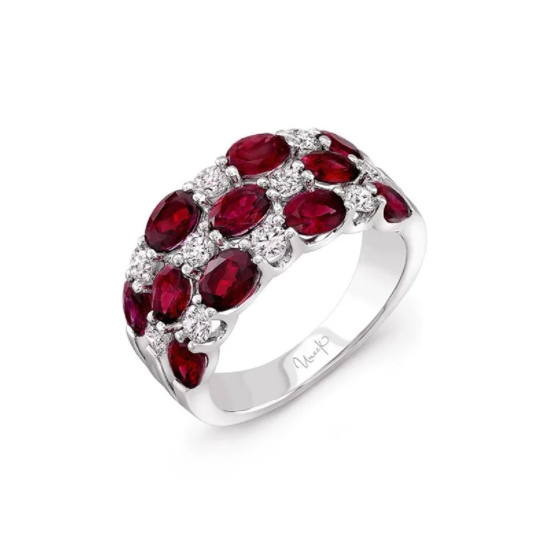 Women’s diamond solitaire engagement ring-3-Row Oval Ruby and Round Diamond Band