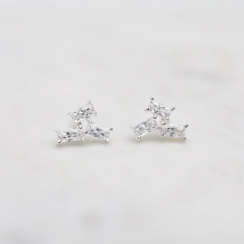 Women’s hanging earrings-Sterling Silver Scattered Baguette CZ Stud Earrings