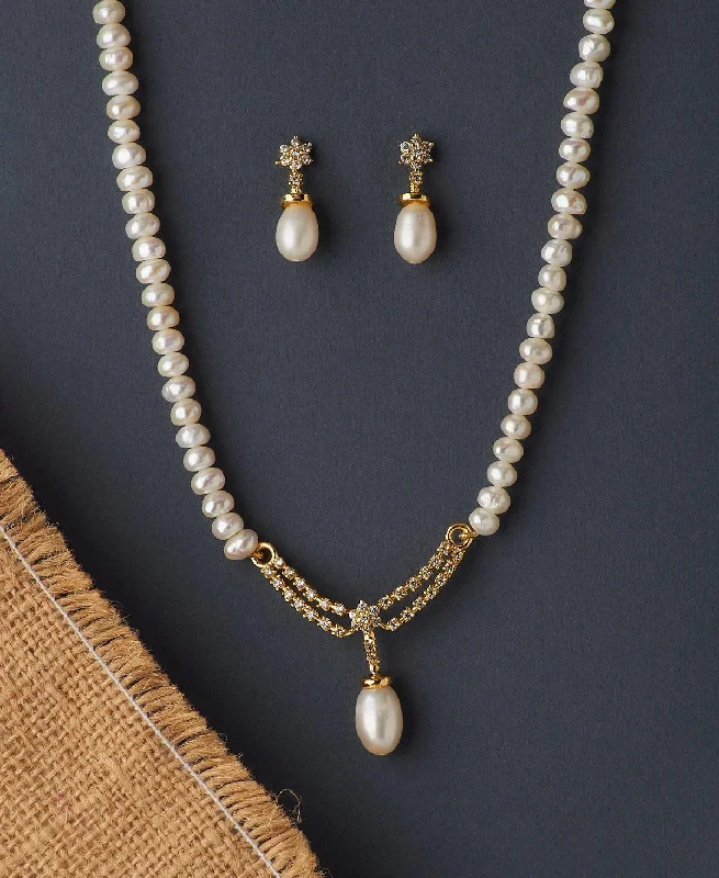 Women’s crystal necklace-Trendy Real Pearl Necklace Set