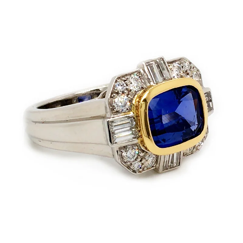 Women’s vintage-inspired diamond engagement ring-Cushion Blue Sapphire and Diamond Halo Ring