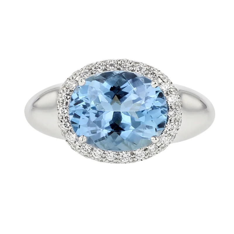 Women’s sparkling diamond engagement ring-18K White Gold Aquamarine and Diamond Halo Ring