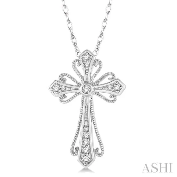 Women’s gold chain necklace-1/6 Ctw Vintage Cross Charm Round Cut Diamond Pendant With Link Chain in 10K White Gold