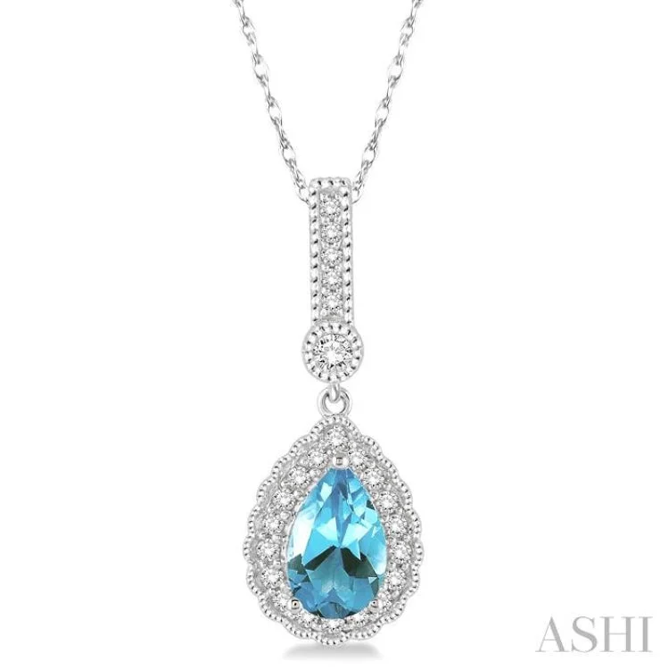 Women’s cross necklace-7x5 Pear Shape Aquamarine and 1/5 Ctw Round Cut Diamond Pendant in 14K White Gold with Chain