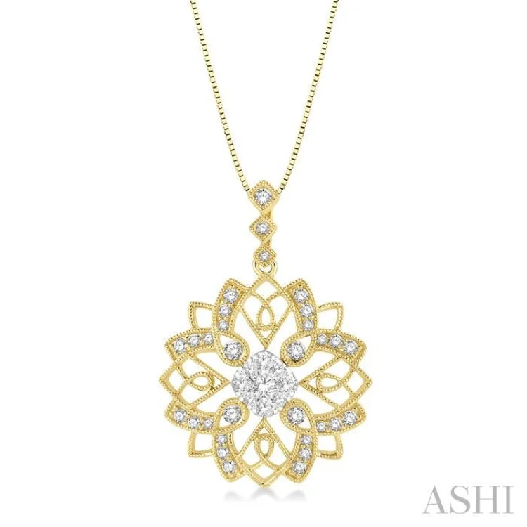 Women’s butterfly necklace-5/8 ctw Floral Lattice Two Tone Cushion Shape Center Lovebright Round Cut Diamond Pendant With Chain in 14K Yellow and White Gold