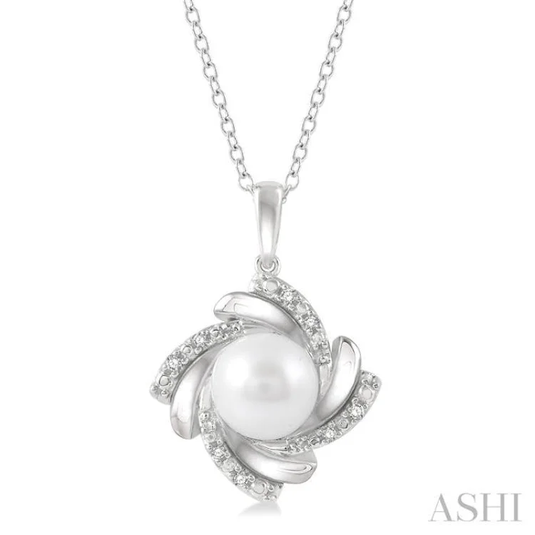 Women’s zodiac necklace-1/50 Ctw Swirl Round Cut Diamond & 7x7MM Cultured Pearl Pendant With Chain in Sterling Silver