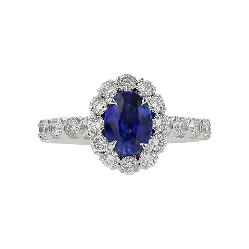 Women’s platinum three-stone engagement ring-14K White Gold Sapphire and Diamond Halo Ring