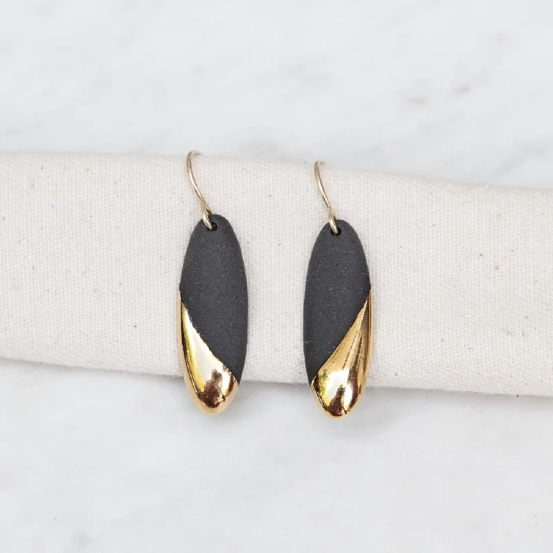 Women’s classic pearl earrings-Black Gold Dipped Long Oval Earrings