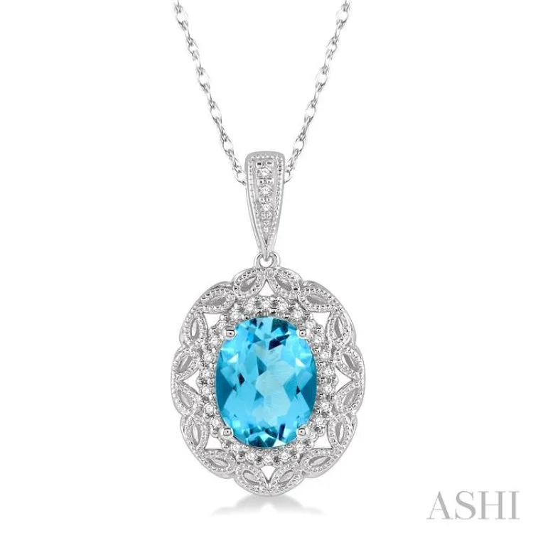 Women’s heart necklace-1/10 Ctw Oval Cut 8x6mm Blue Topaz & Round Cut Diamond Semi Precious Pendant With Chain in 10K White Gold