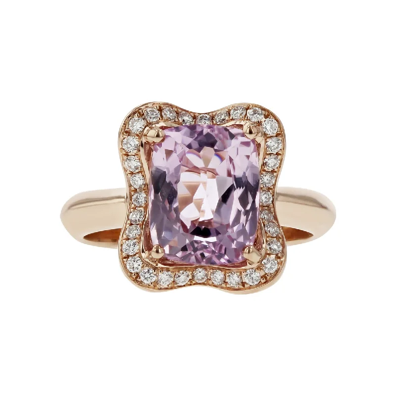 Women’s sapphire engagement ring-Kunzite and Diamond Wavy Halo Ring