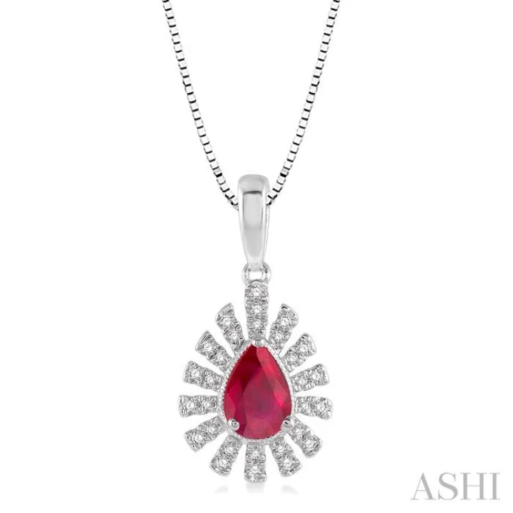 Women’s layered necklace-1/8 Ctw Bar Accent Pear Shape 6x4mm Ruby & Round Cut Diamond Precious Pendant With Chain in 10K White Gold