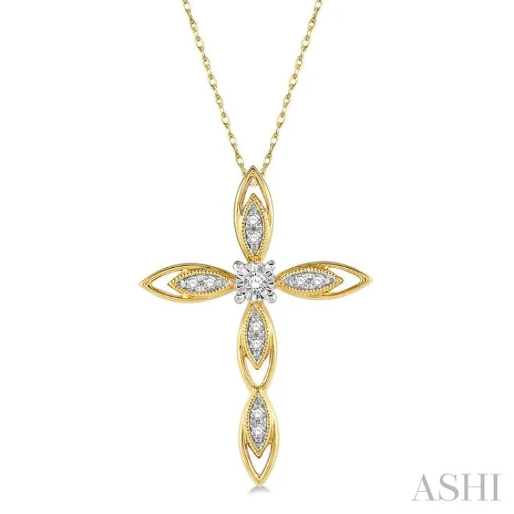 Women’s gold chain necklace-1/10 Ctw Extended Frame Marquise Cross Round Cut Diamond Pendant With Chain in 10K Yellow Gold