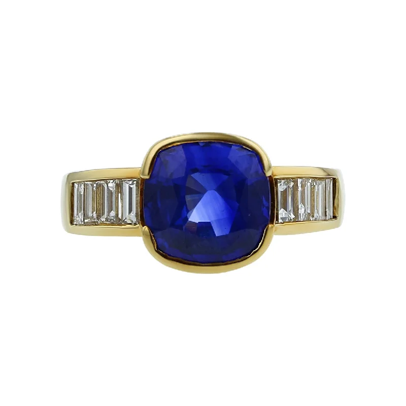 Women’s vintage wedding engagement ring-Cushion Sapphire Ring with Side Baguette Diamonds