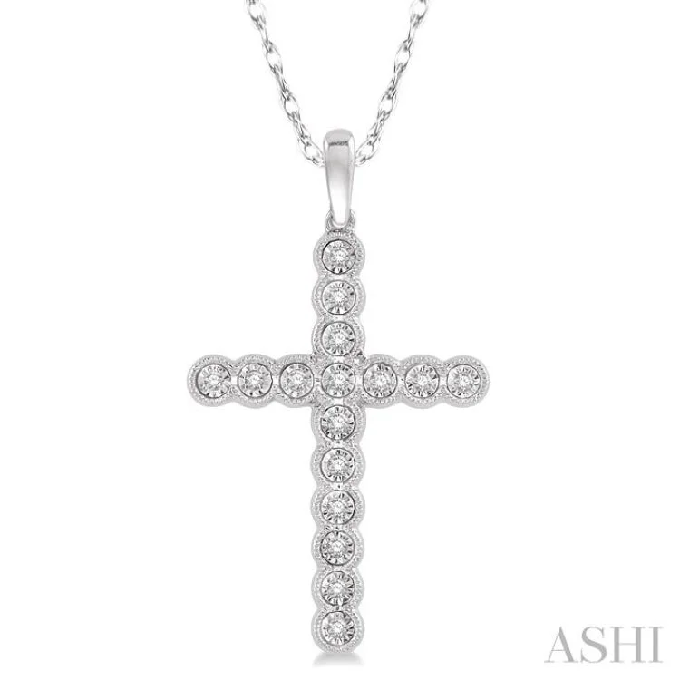 Women’s engraved pendant necklace-1/8 Ctw Round Cut Diamond Cross Pendant in 10K White Gold with chain