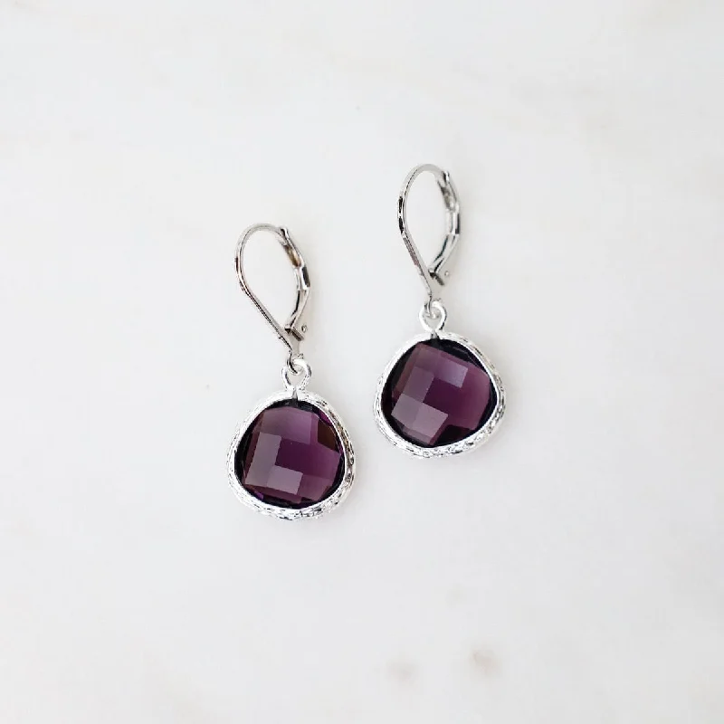 Women’s long drop earrings-Sterling Silver Plum Crystal Lever Back Earrings