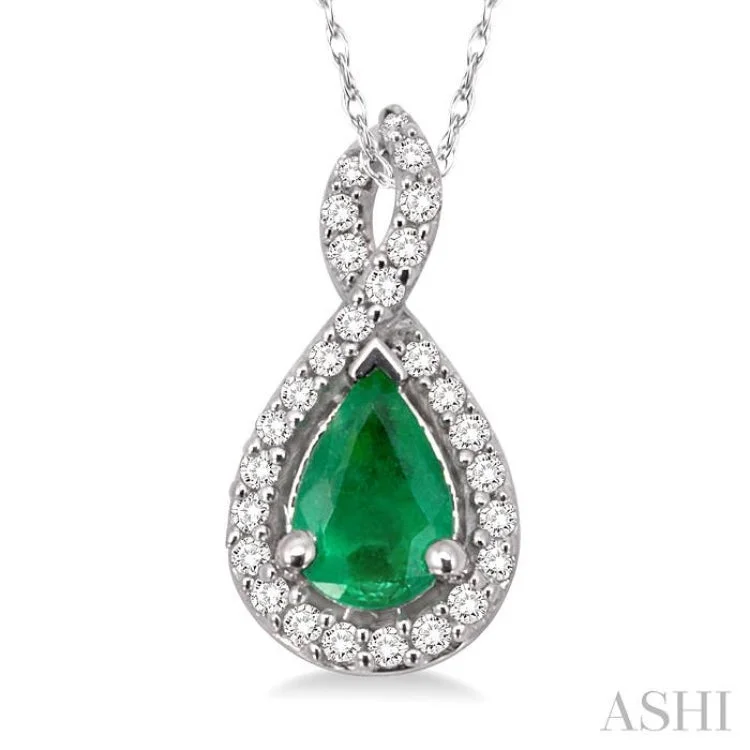 Women’s heart-shaped pendant necklace-6x4MM Pear Shape Emerald and 1/10 Ctw Round Cut Diamond Pendant in 14K White Gold with Chain