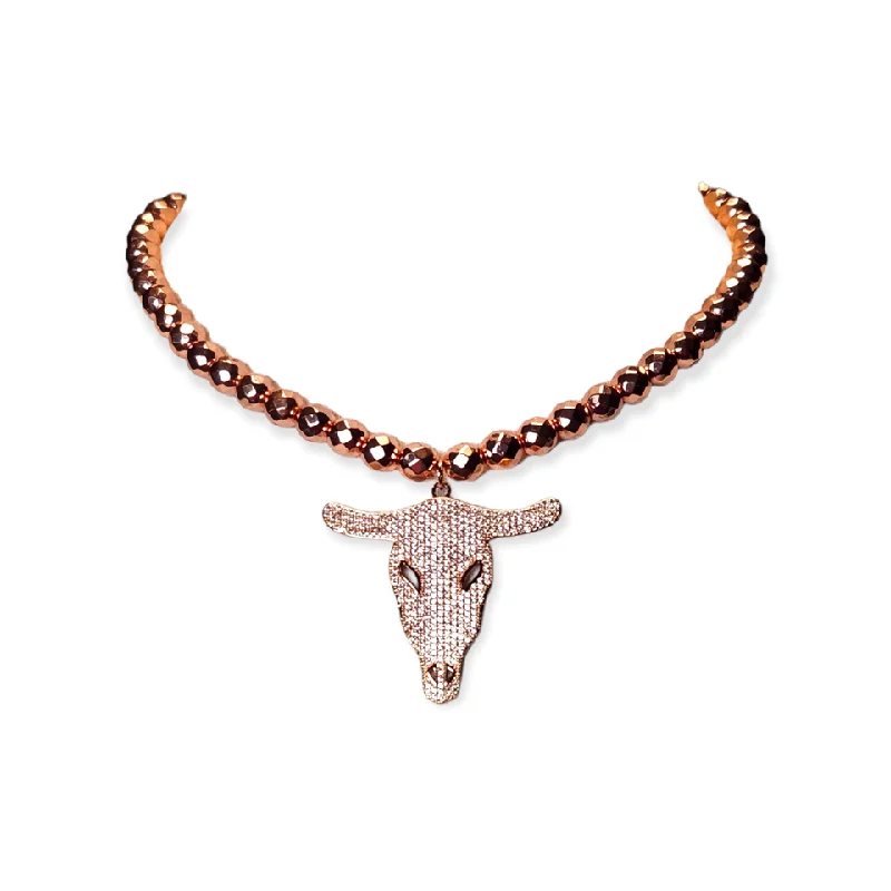 Women’s gemstone necklace-The Morgan Pave Steer Head Necklace